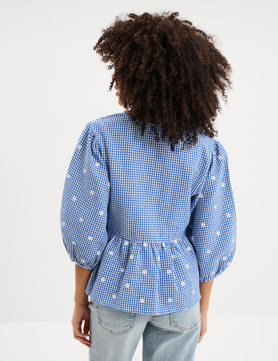 Blouse brod&eacute;e &agrave; basque manches 3/4 bleu marine femme