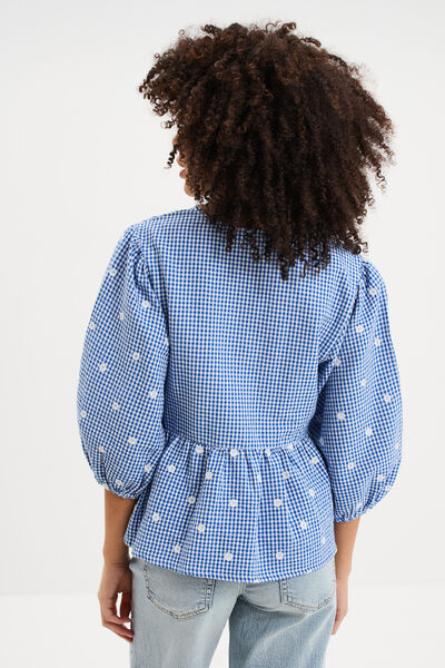Blouse brod&eacute;e &agrave; basque manches 3/4 bleu marine femme