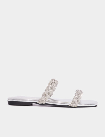 Mules brides tress&eacute;es strass Mosquitos gris argent femme