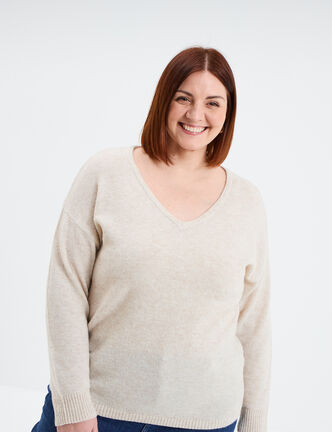 Pull col en V manches longues beige femme grande taille