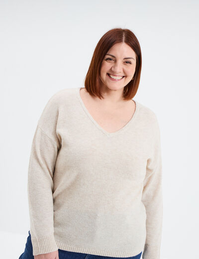 Pull col en V manches longues beige femme grande taille