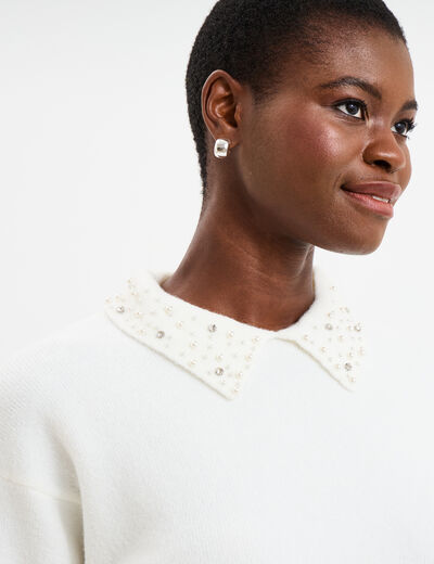 Pull col chemise strass et perles blanc femme