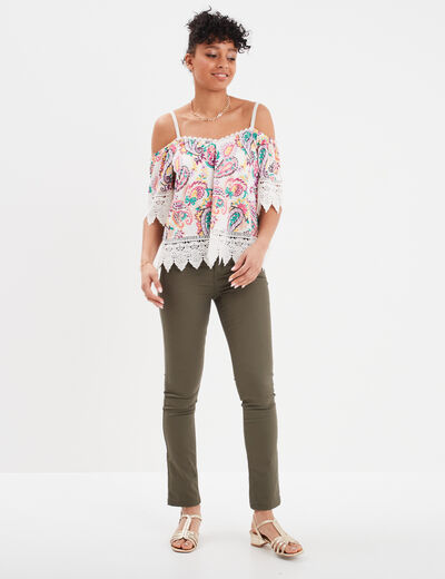Pantalon slim en coton elasthanne vert kaki femme