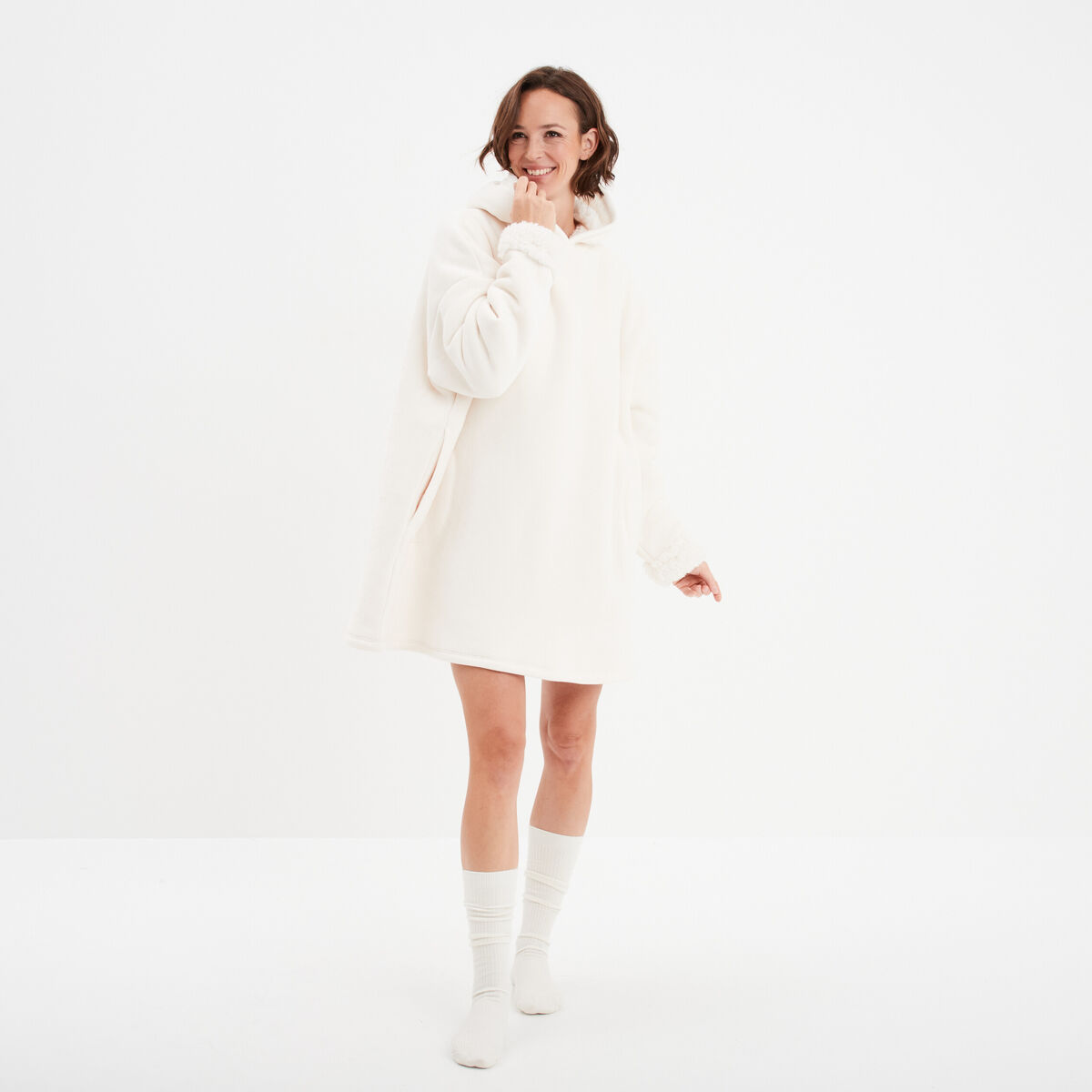 Sweat à capuche polaire fourré ivoire femme
