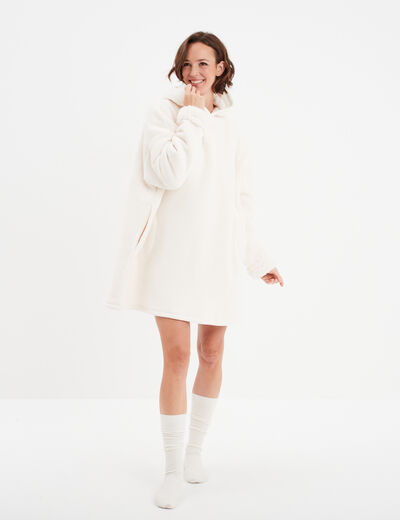Sweat à capuche polaire fourré ivoire femme