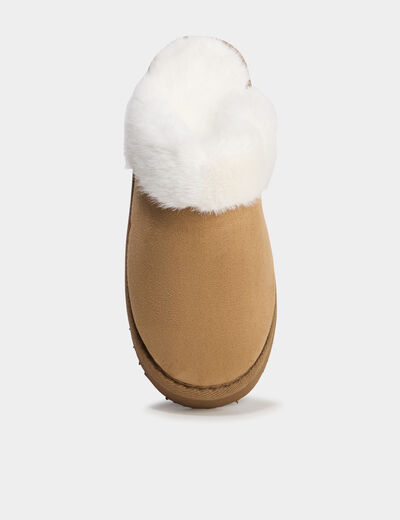 Chaussons mules compens&eacute;s fourr&eacute;s camel femme