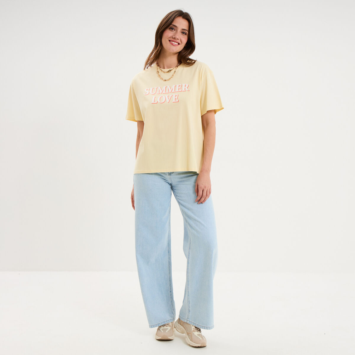 T-shirt droit manches courtes coton jaune clair femme