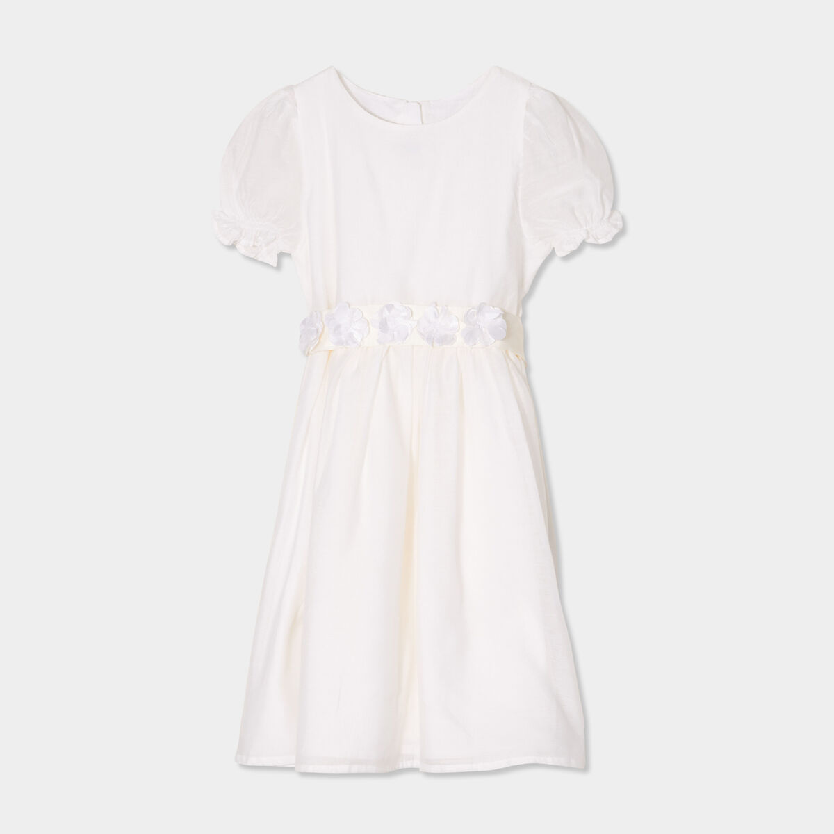 Robe manches ballon ceinture fleurs ivoire fille