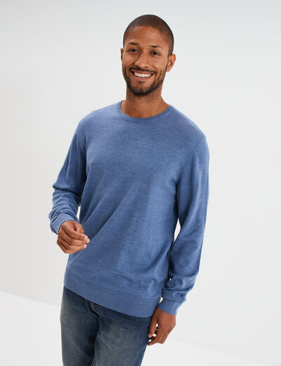 Pull droit col rond coton m&eacute;lang&eacute; bleu fonc&eacute; homme