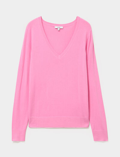 Pull col en V manches longues rose femme