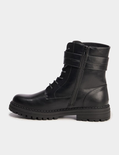 Boots crant&eacute;es &agrave; lacets et boucles noir femme