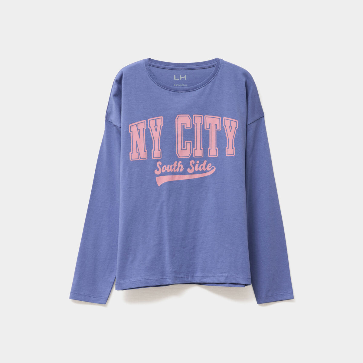 T-shirt col rond manches longues coton bleu gris fille