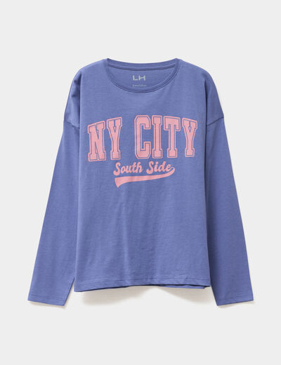 T-shirt col rond manches longues coton bleu gris fille