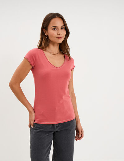 T-shirt col V ajust&eacute; manches courtes vieux rose femme