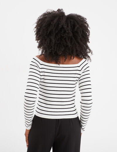 Pull côtelé col carré tricotage en côte blanc femme