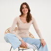 T-shirt manches longues col en V coton beige femme