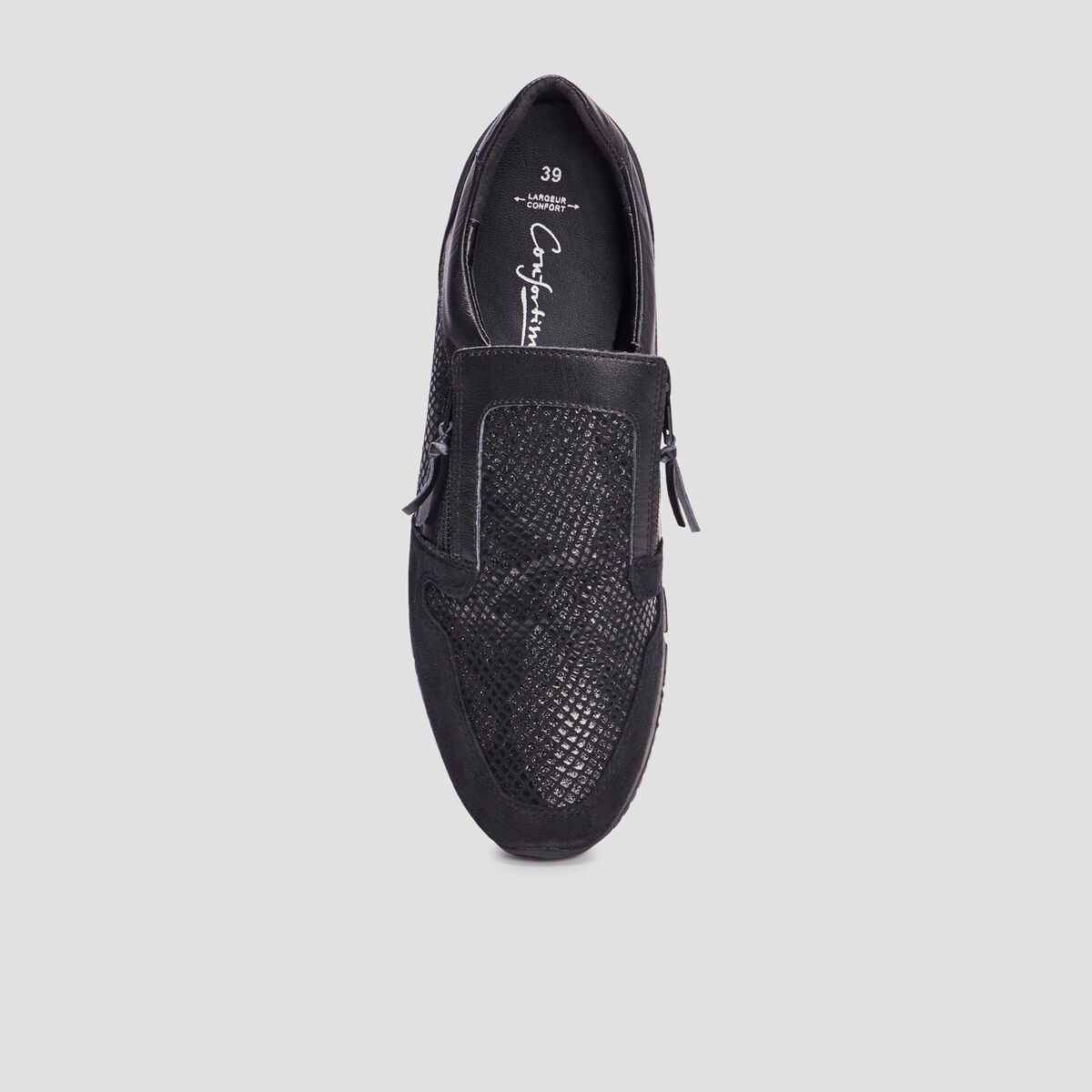 Baskets zippées en cuir pied large noir femme