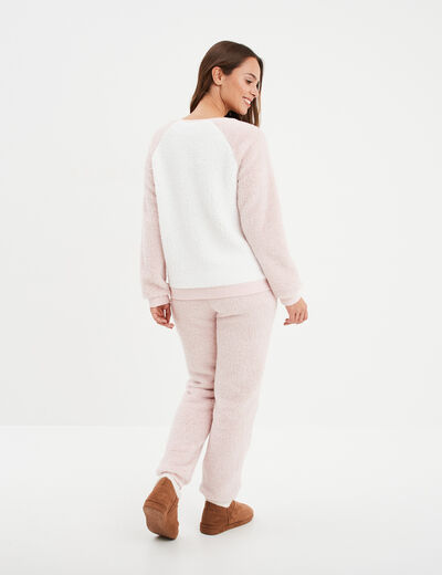 Ensemble pyjama pantalon effet polaire rose pastel femme
