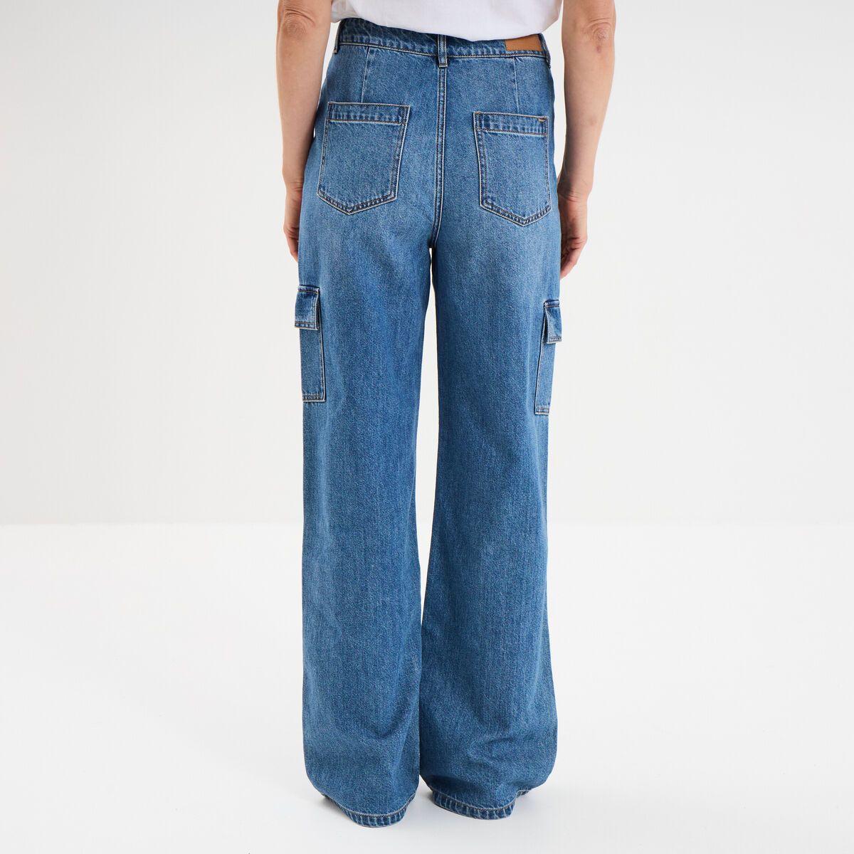 Jeans cargo large coton denim stone femme