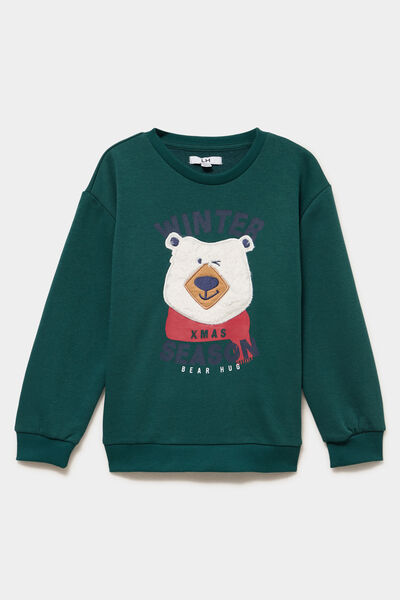 Sweat col rond manches longues vert fonc&eacute; gar&ccedil;on