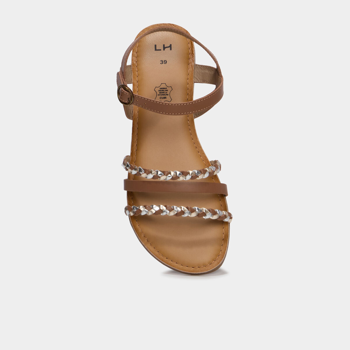 Sandales plates tr&eacute;ss&eacute;es en cuir marron femme