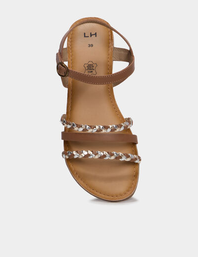 Sandales plates tr&eacute;ss&eacute;es en cuir marron femme