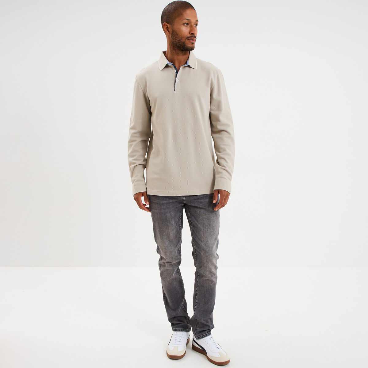 Polo piqu&eacute; droit manches longues coton gris clair homme