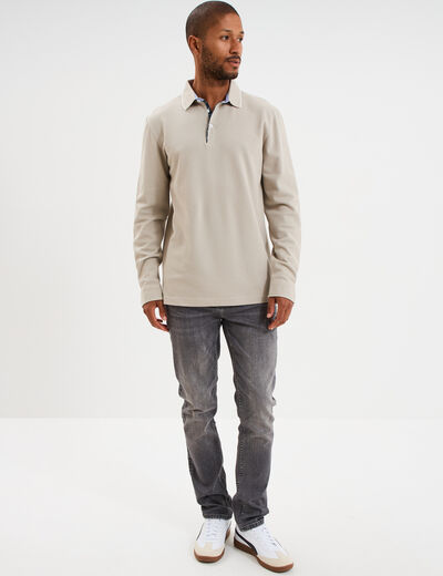 Polo piqu&eacute; droit manches longues coton gris clair homme