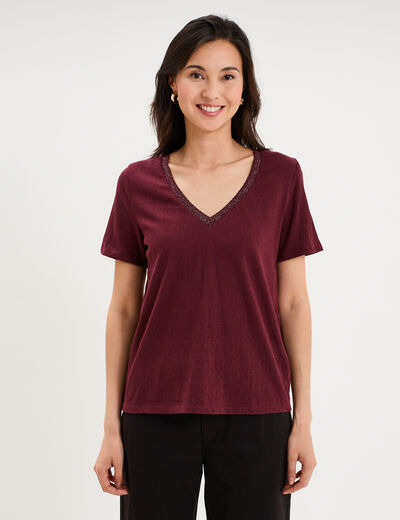 T-shirt col en V manches courtes violet fonc&eacute; femme