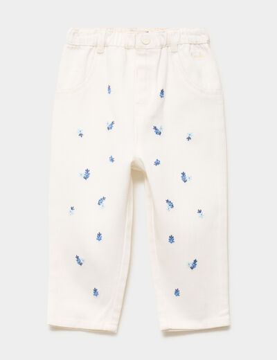 Pantalon brod&eacute; taille ajustable coton creme b&eacute;b&eacute; fille