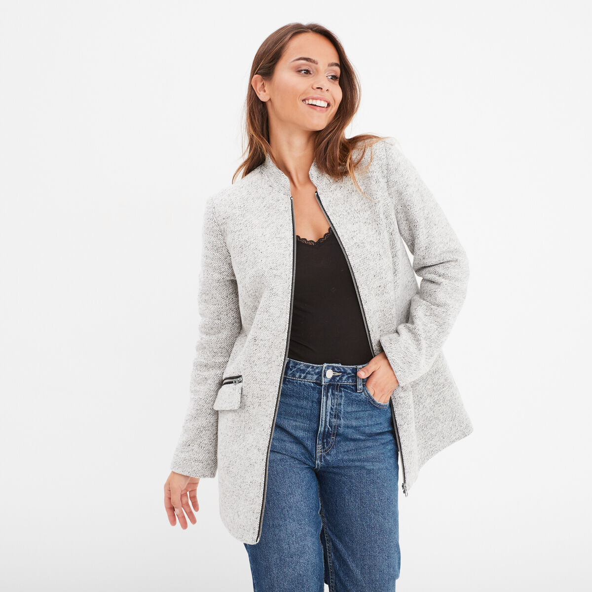 Manteau mi-long cintré zippé col montant gris clair femme
