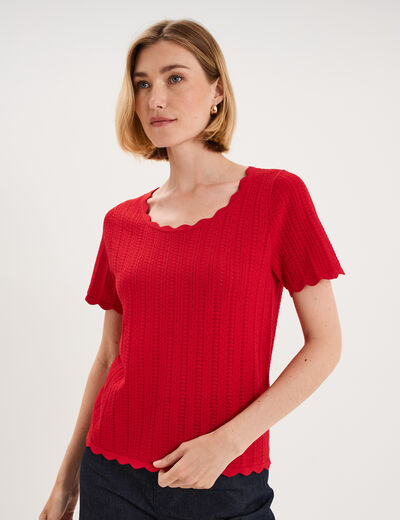 Pull ajour&eacute; col rond manches courtes rouge femme