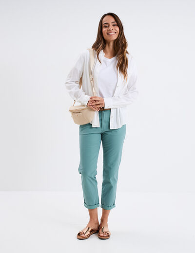 Pantalon chino 7/8ème ceinture tressée bleu gris femme