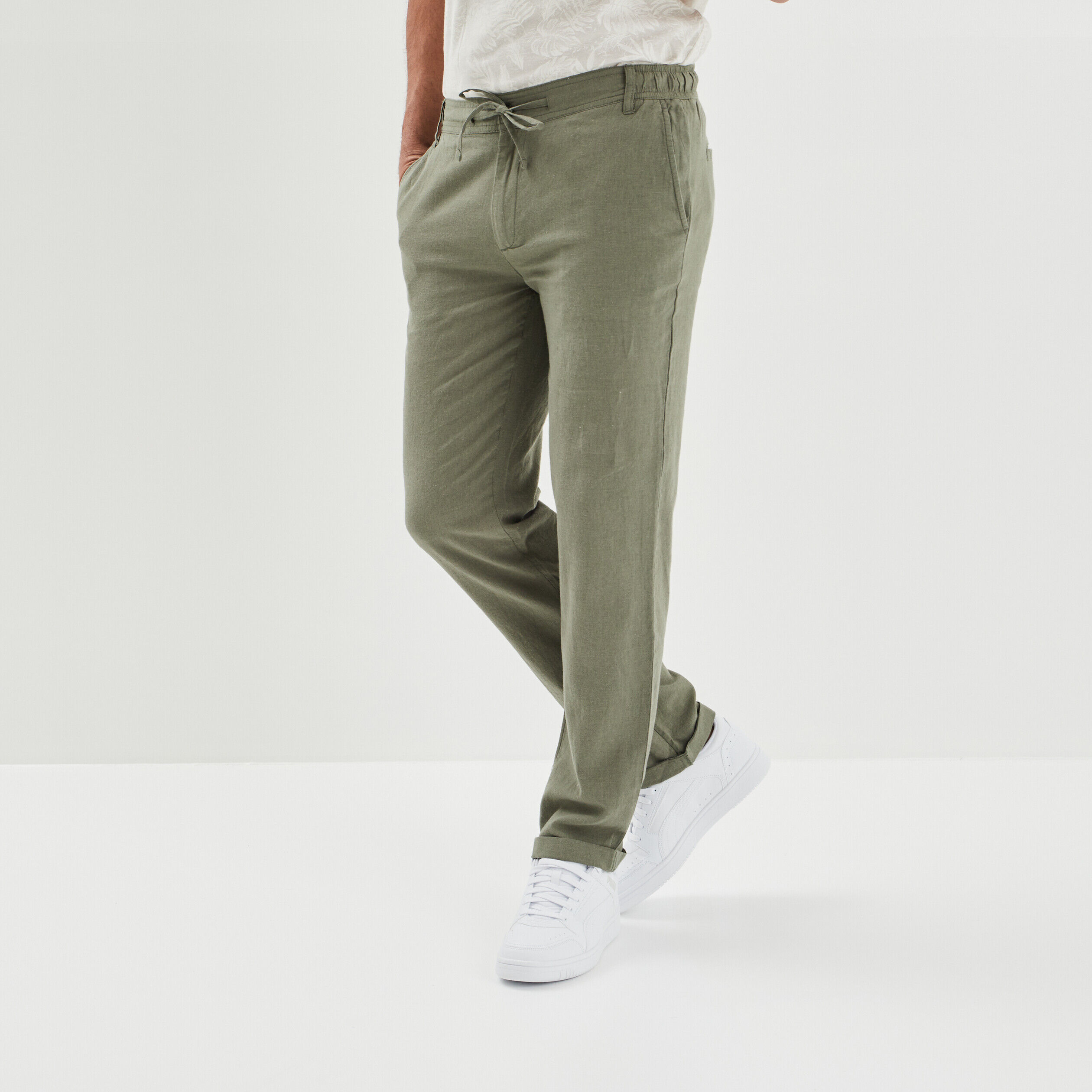 Pantalon chino droit lin majoritaire vert kaki homme LH