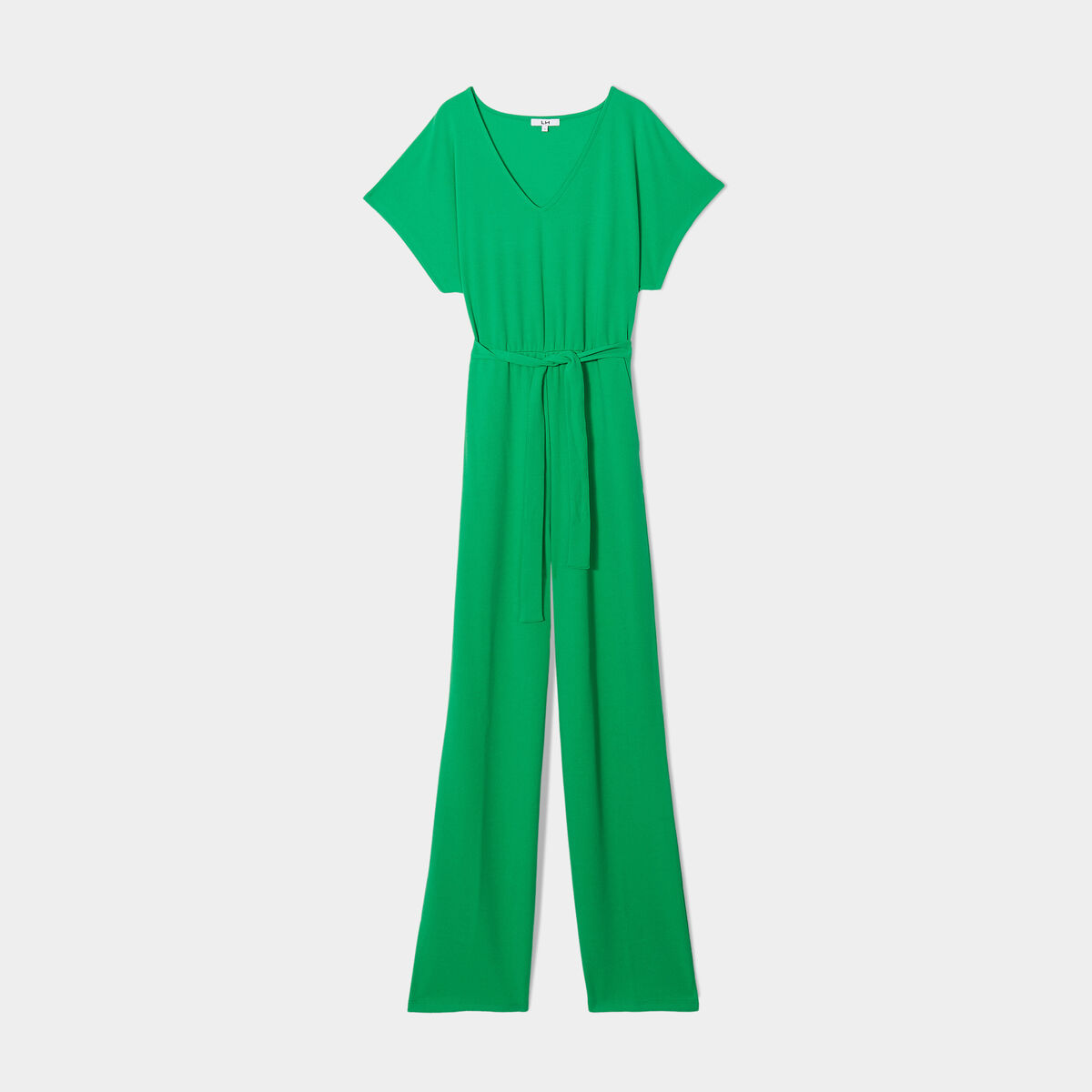 Combinaison pantalon col en V ceinturée vert femme