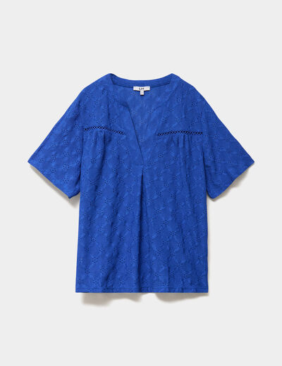 T-shirt broderie anglaise col tunisien bleu electrique femme