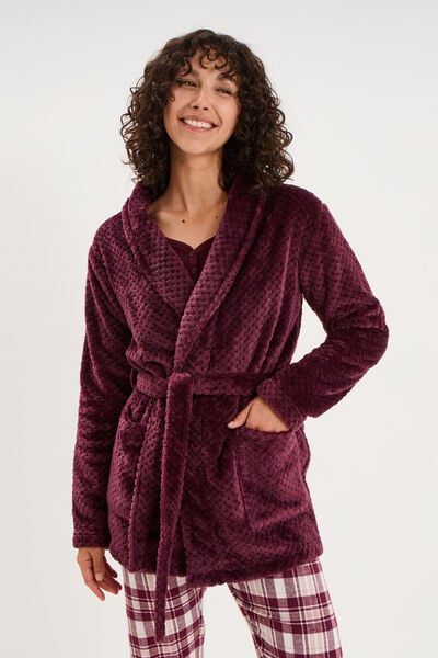 Peignoir mi-long effet polaire ceintur&eacute; prune femme