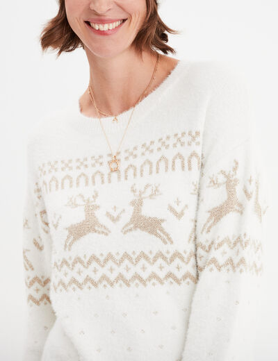 Pull No&euml;l col rond manches longues blanc femme