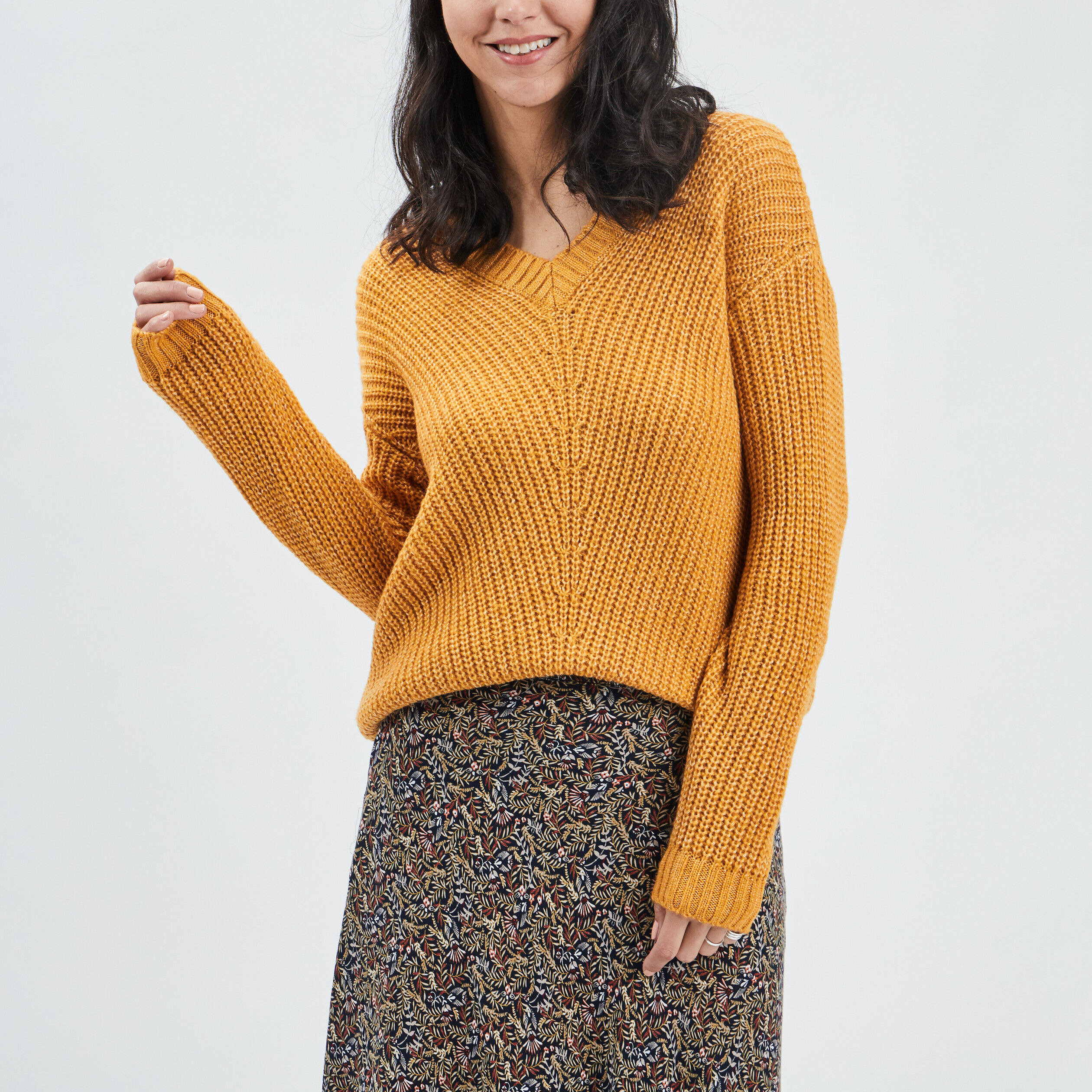 Pull col en V jaune moutarde femme CREEKS