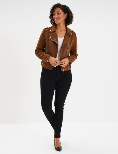 Veste courte esprit biker effet suédine camel femme