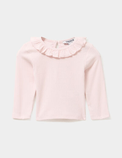 T-shirt côtelé col à volants rose clair bébé fille
