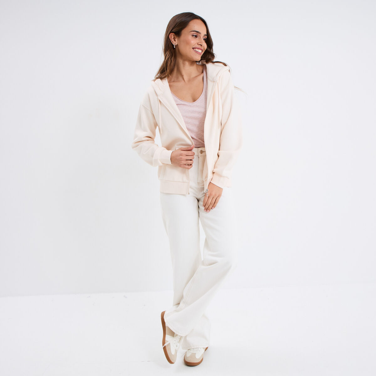 Sweat zippé à capuche molleton beige femme