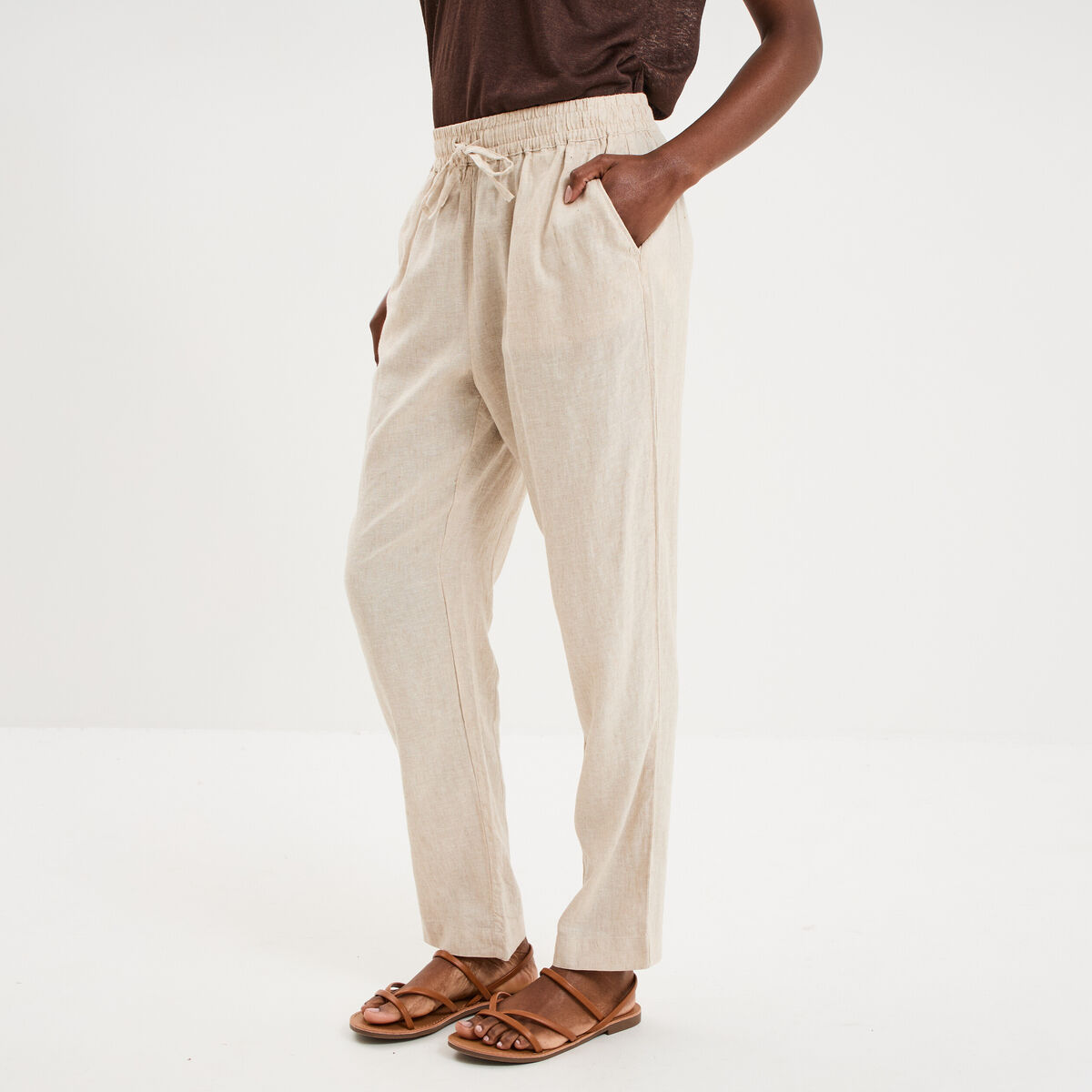Pantalon droit 7/8&egrave;me lin m&eacute;lang&eacute; beige femme