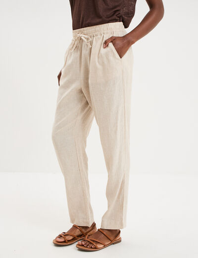 Pantalon droit 7/8&egrave;me lin m&eacute;lang&eacute; beige femme