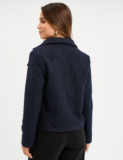 Veste bouclette boutonnée bleu marine femme