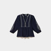 Blouse brod&eacute;e oversize col tunisien bleu fonc&eacute; femme