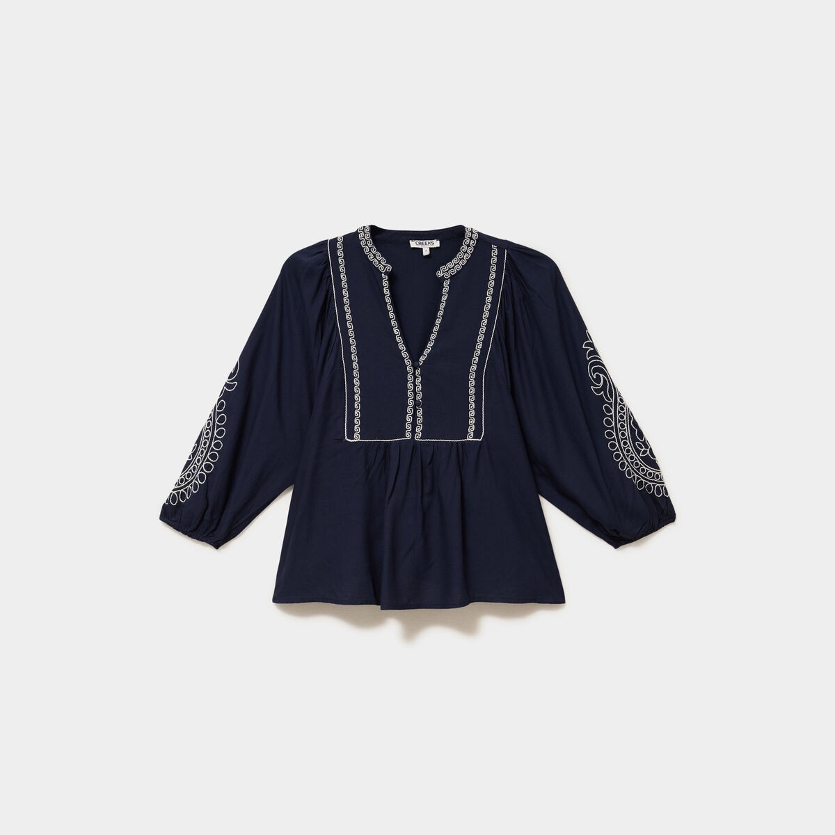 Blouse brod&eacute;e oversize col tunisien bleu fonc&eacute; femme