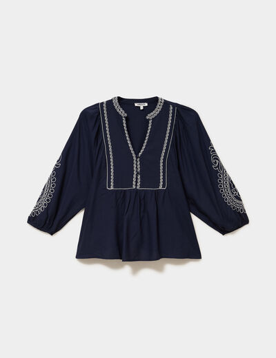 Blouse brod&eacute;e oversize col tunisien bleu fonc&eacute; femme