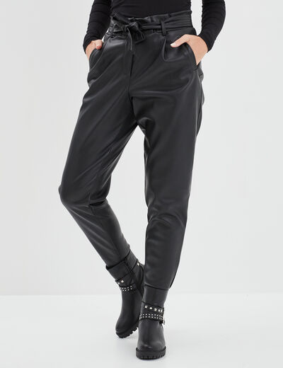 Pantalon simili cuir paperbag noir femme