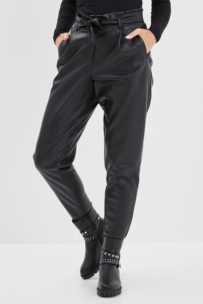Pantalon simili cuir paperbag noir femme